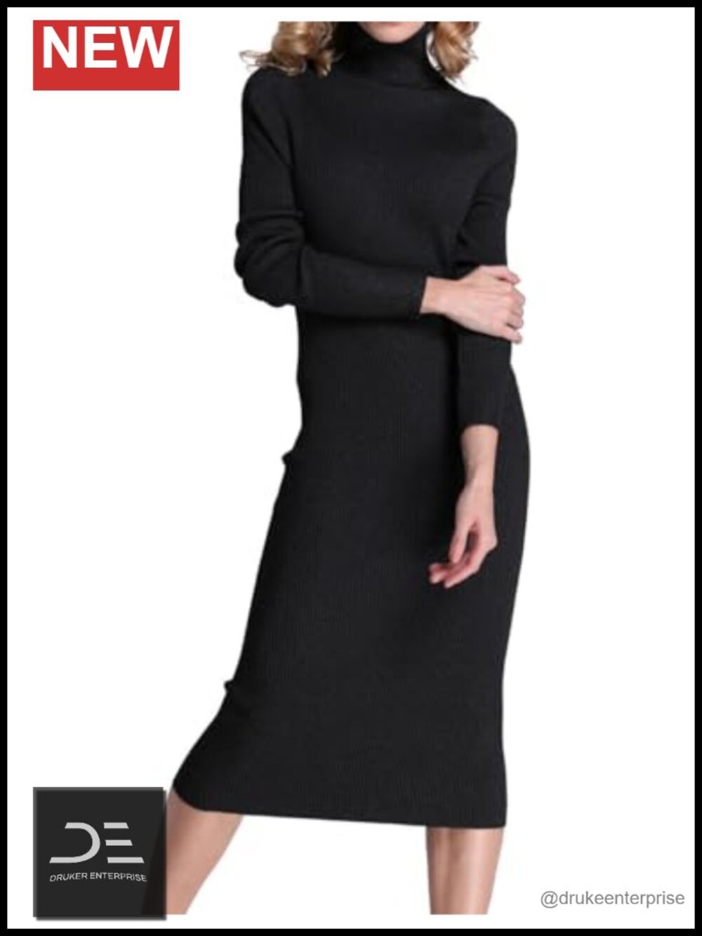 Turtleneck Ribbed Long Sleeve Knit Sweater Midi Dress Slim Fit